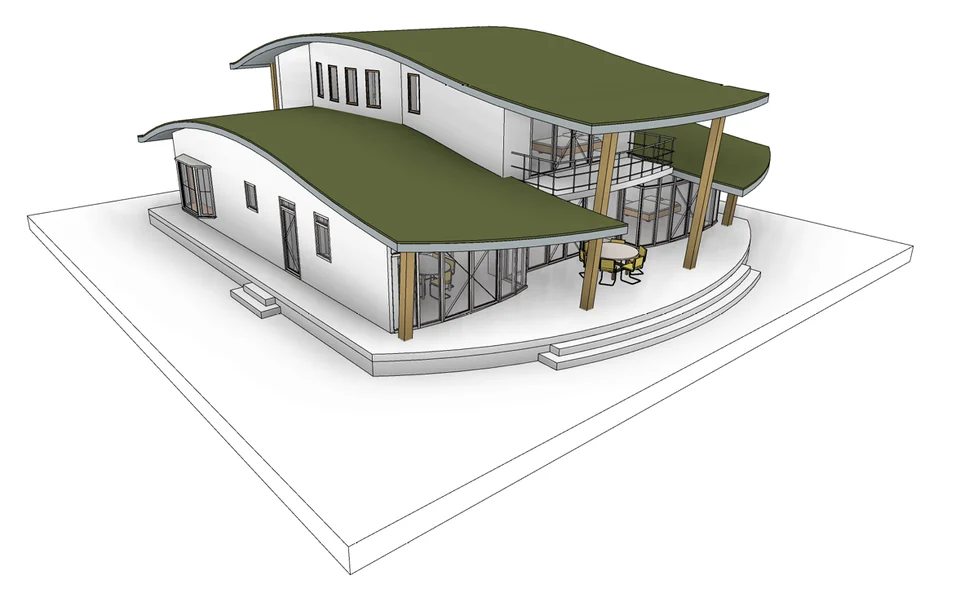 Ontwerptekening van de bosvilla in Kalmthout met groene golvende daken