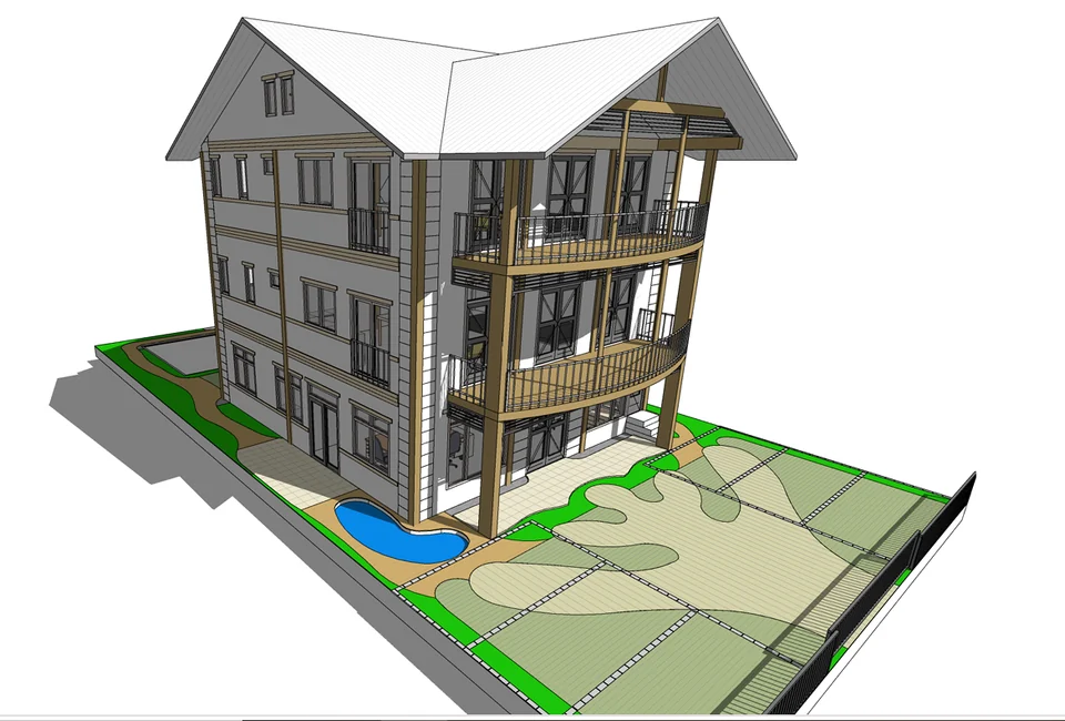 Ontwerptekening van het kantoor met appartementen in Paramaribo, vier bouwlagen met balkons
