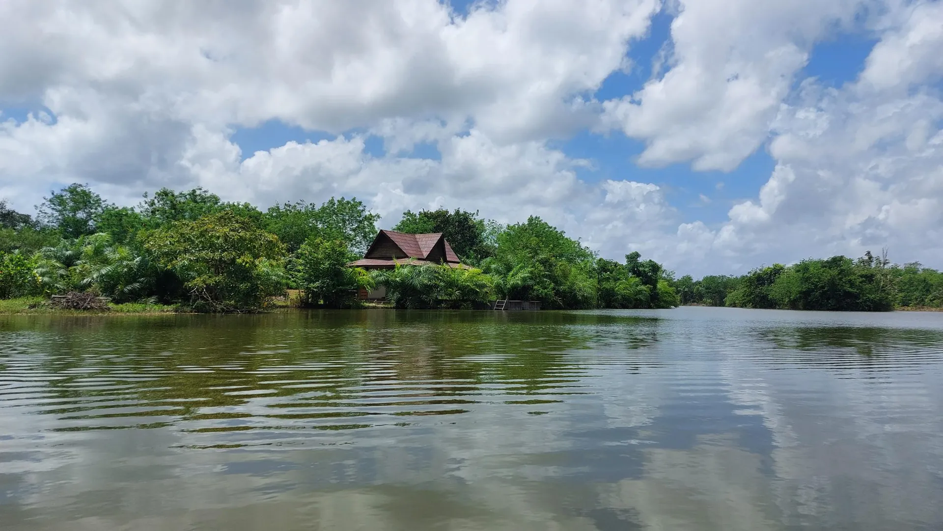 Huis tussen de bomen aan het water bij Resort Sendang Redjo in Suriname