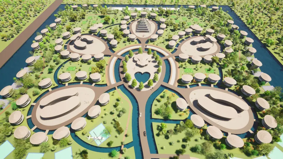 Masterplan-render van Society for the Future in Suriname