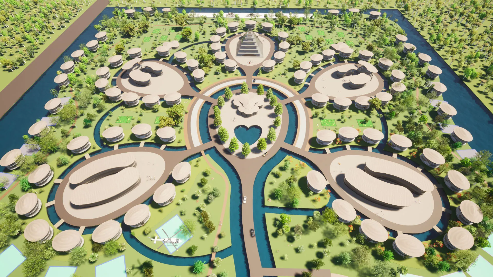 Masterplan-render van Society for the Future in Suriname
