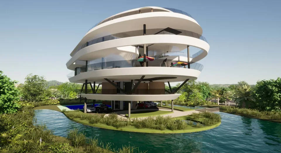 Ontwerpbeeld van een rond huis in lagen op een eiland in het water, Suriname