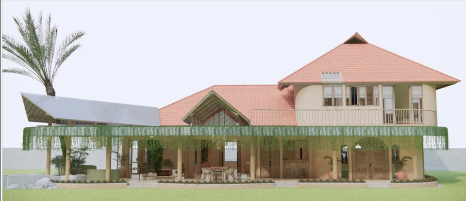 Ontwerpbeeld van de villa op Bali met rode pannendaken en een begroeide veranda